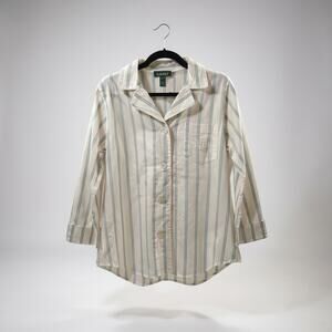Women’s Polo Ralph Lauren Cotton Striped Sleep Shirt 3/4 Sleeve White Blue